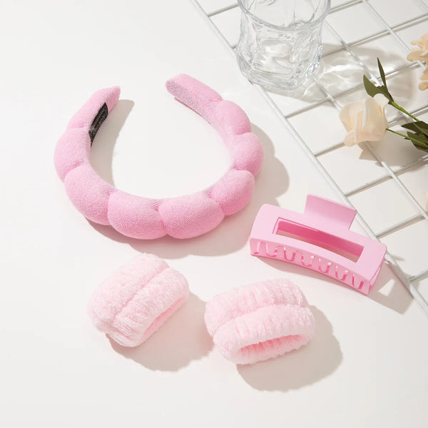 Spa Headband and Wristband Set Skin Care Headband for Wash Face Face Hair Clips for Thick Hair Cute Fluffy Sponge Bubble Makeup