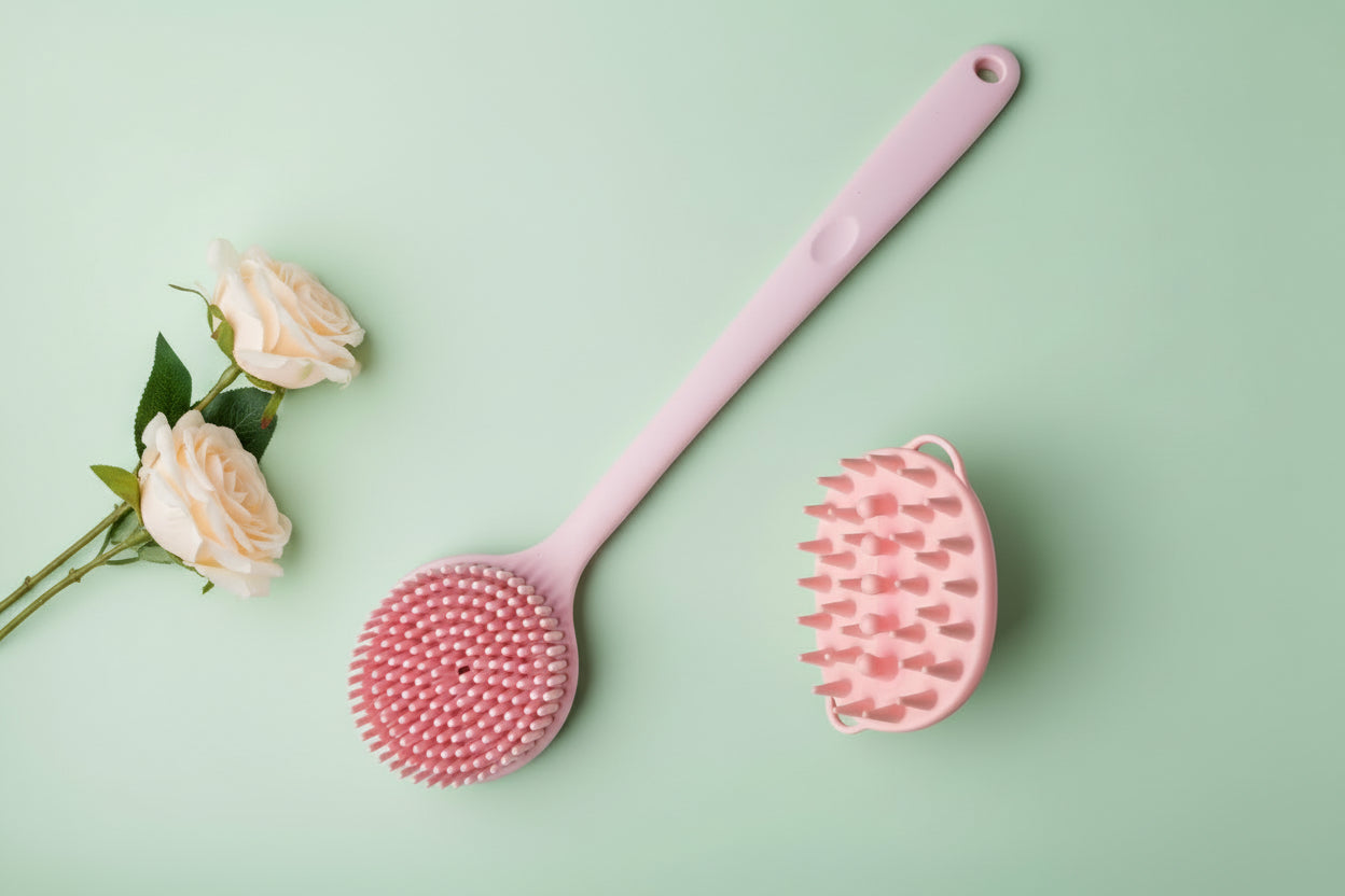 Silicone Back Scrubber Brush for Shower Long Handle Body Deep Cleansing and Exfoliating Massage Double-Sided Soft Bristles