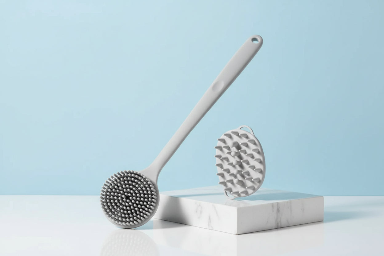 Silicone Back Scrubber Brush for Shower Long Handle Body Deep Cleansing and Exfoliating Massage Double-Sided Soft Bristles