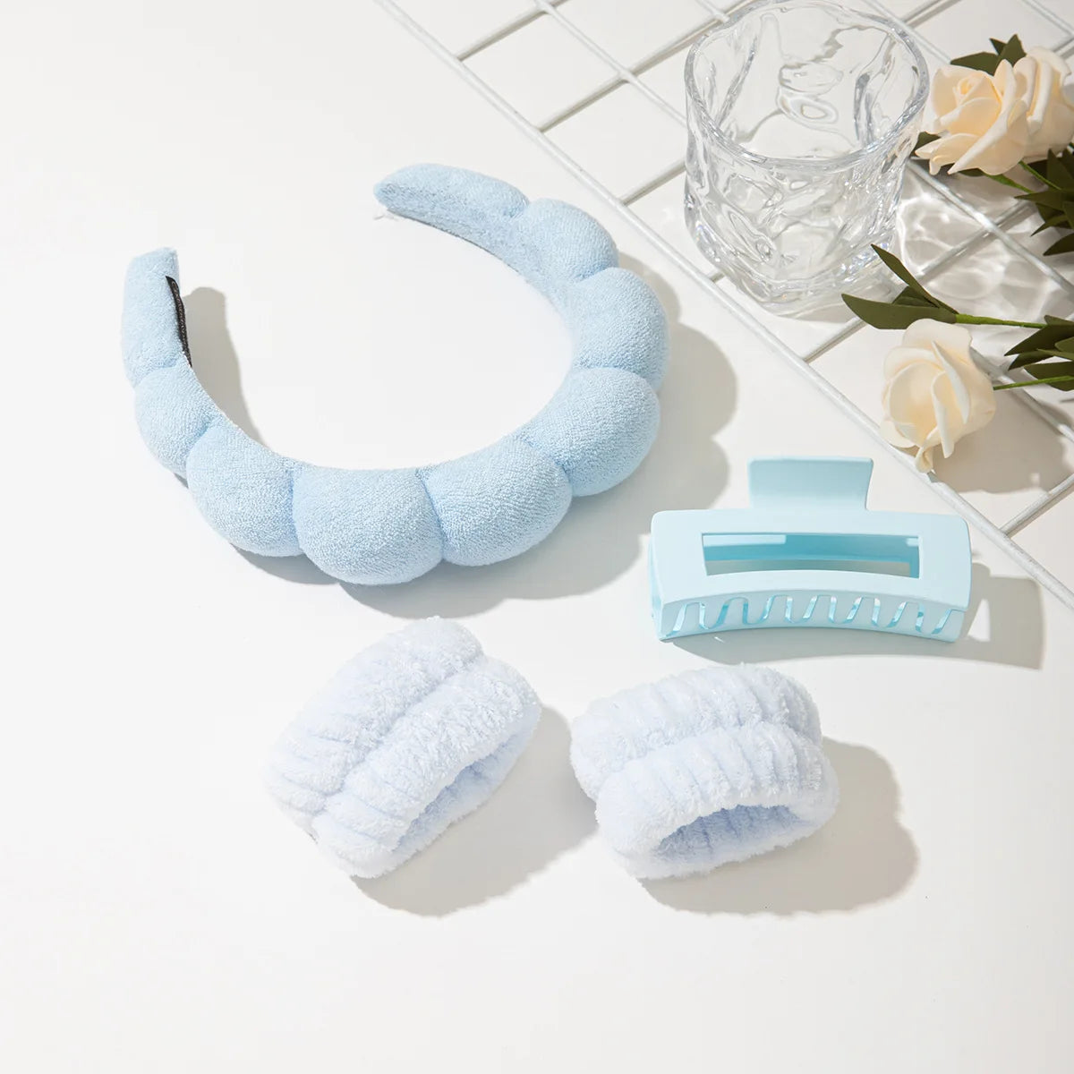 Spa Headband and Wristband Set Skin Care Headband for Wash Face Face Hair Clips for Thick Hair Cute Fluffy Sponge Bubble Makeup